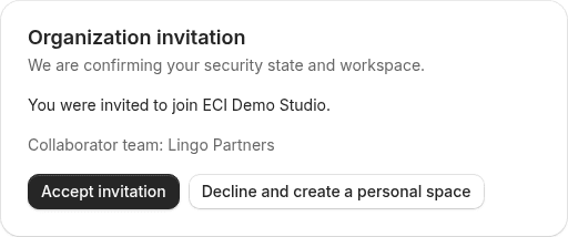 Organization invitation card: you are invited to join ECI Demo Studio, collaborator team Lingo Partners, with Accept and Decline buttons