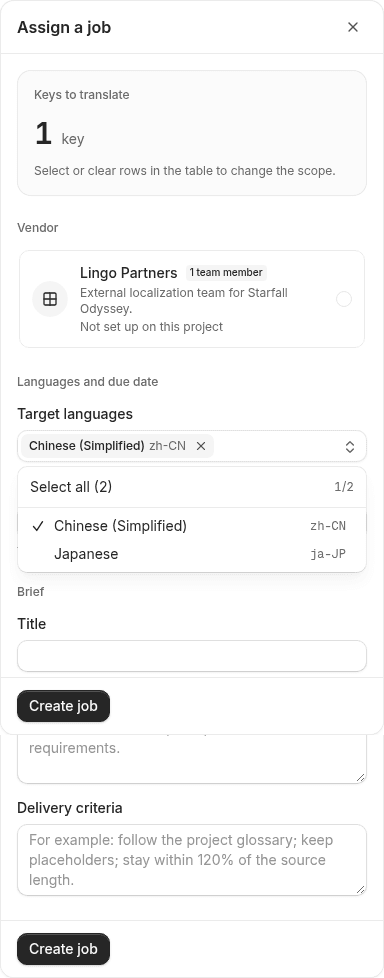 Assign Job drawer: Keys to translate, Vendor team, Languages & schedule, Job instructions