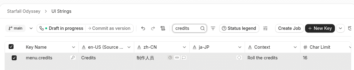 menu.credits row checked in grid, with Create Job button appearing in toolbar