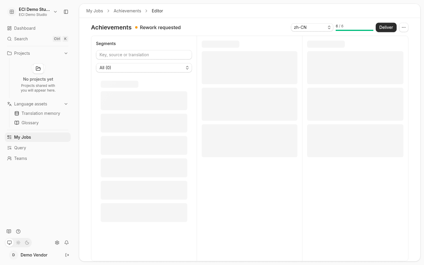 In-context editor: left segment list, center source and translation, right context