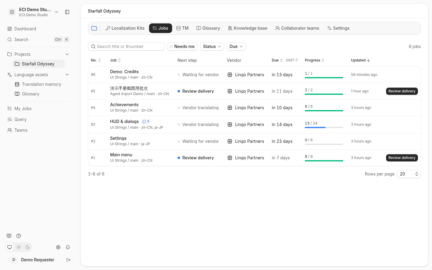 Project job list: each row shows job number, progress, next step, and vendor