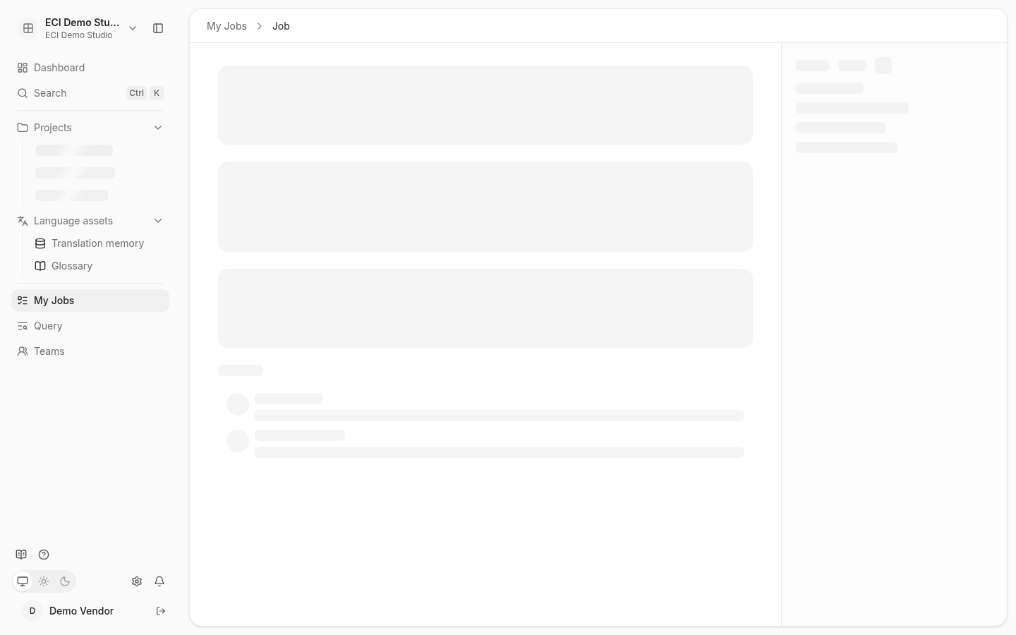 Pending job seen by vendor: action card with Decline and Accept buttons, progress, brief, and discussion below
