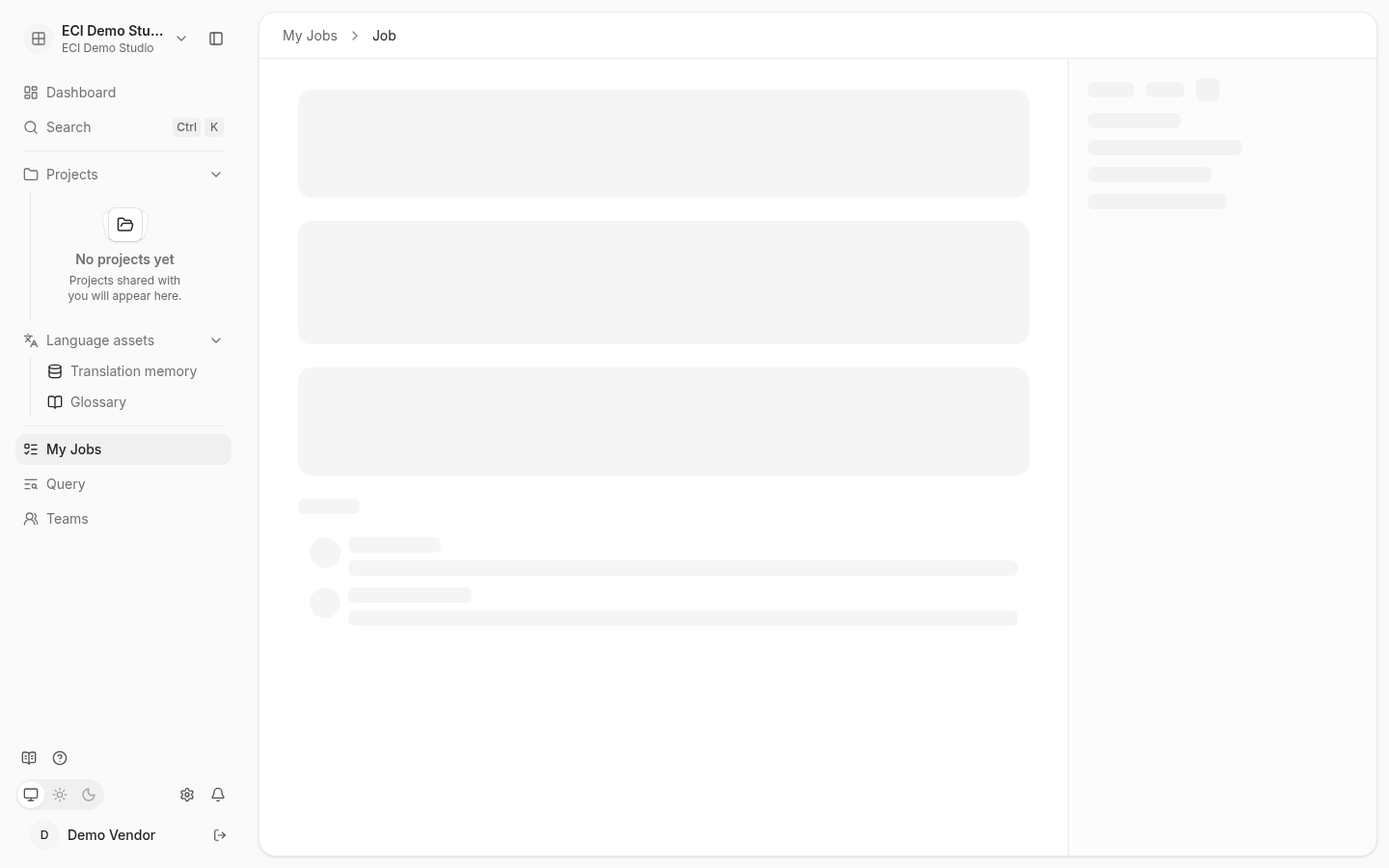 Vendor view of rework job: action card displays Rework requested, progress, brief, discussion, properties