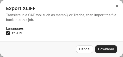 Export XLIFF dialog: select languages and download