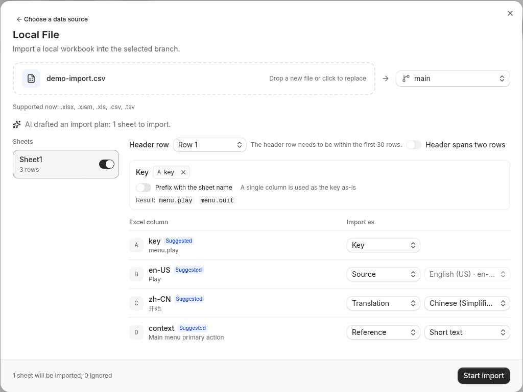 AI import plan ready dialog: shows role mappings per column like key to Key, en-US to Source, zh-CN to Translation