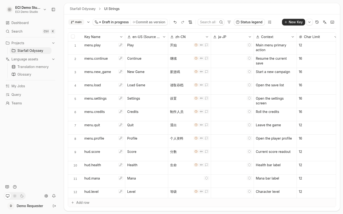 Kit grid: Key, Source, target language translations, and context columns with workflow and tools on top