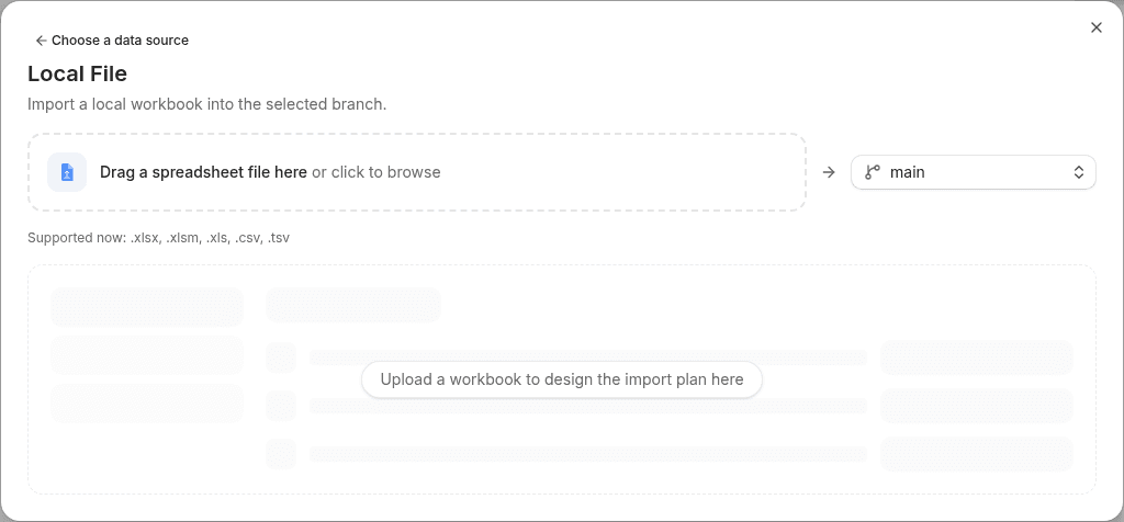 Import data dialog: select local spreadsheet file