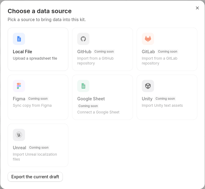 Data source selection: Local file available, others marked coming soon
