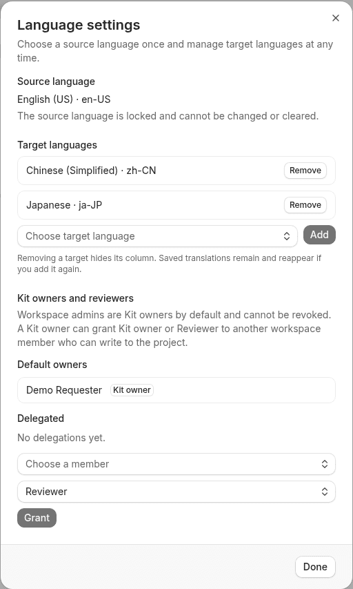 Language settings panel: source language en-US locked, target languages zh-CN and ja-JP removable, add language and leads below