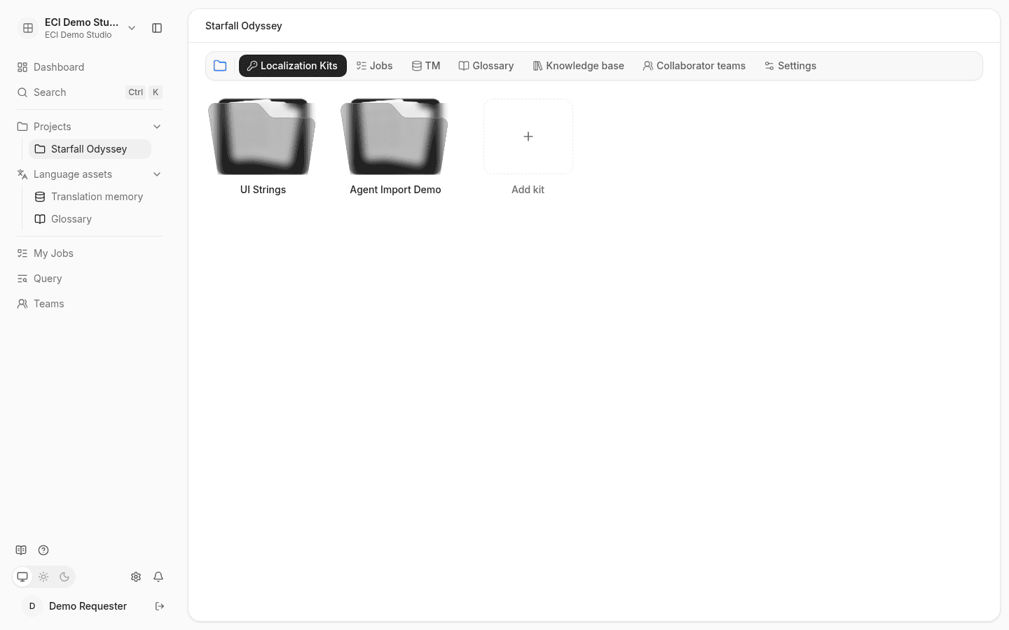 Project Localization kits tab: lists UI Strings and Agent Import Demo kits