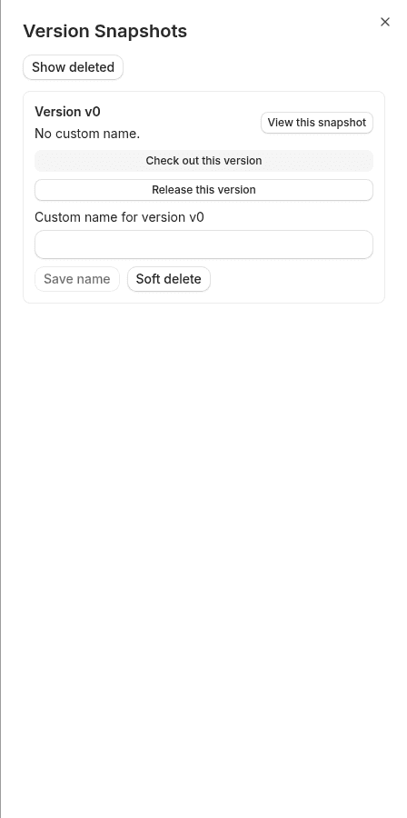 Version history snapshots panel: version v0, view snapshot, checkout, release, rename, or soft delete
