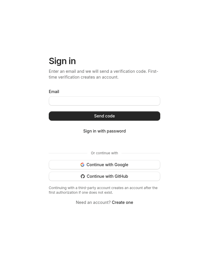 Sign-in page: enter email to send verification code, with password and third-party login options below