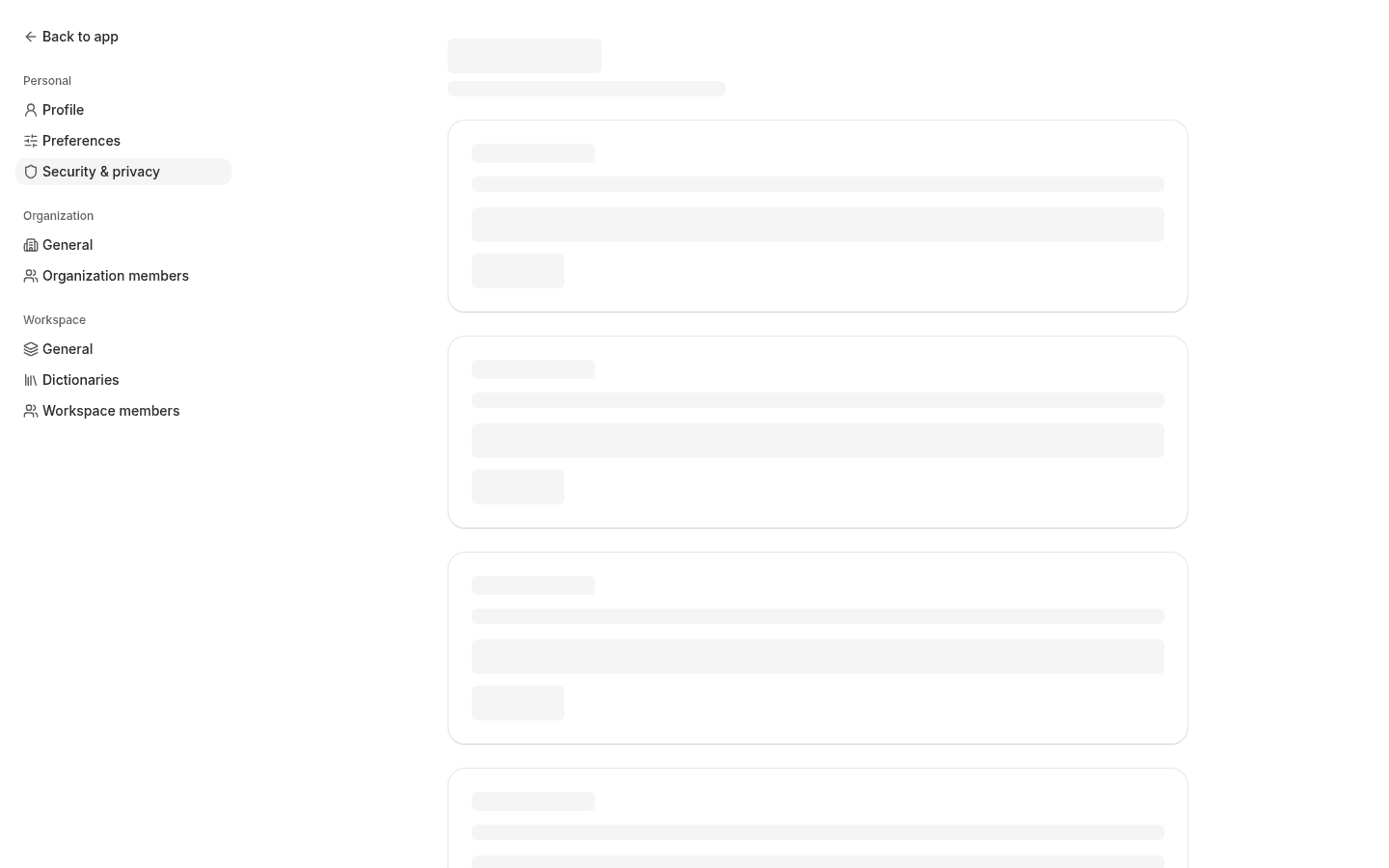 Security & privacy settings page: TOTP, email MFA, password, linked accounts, and delete account