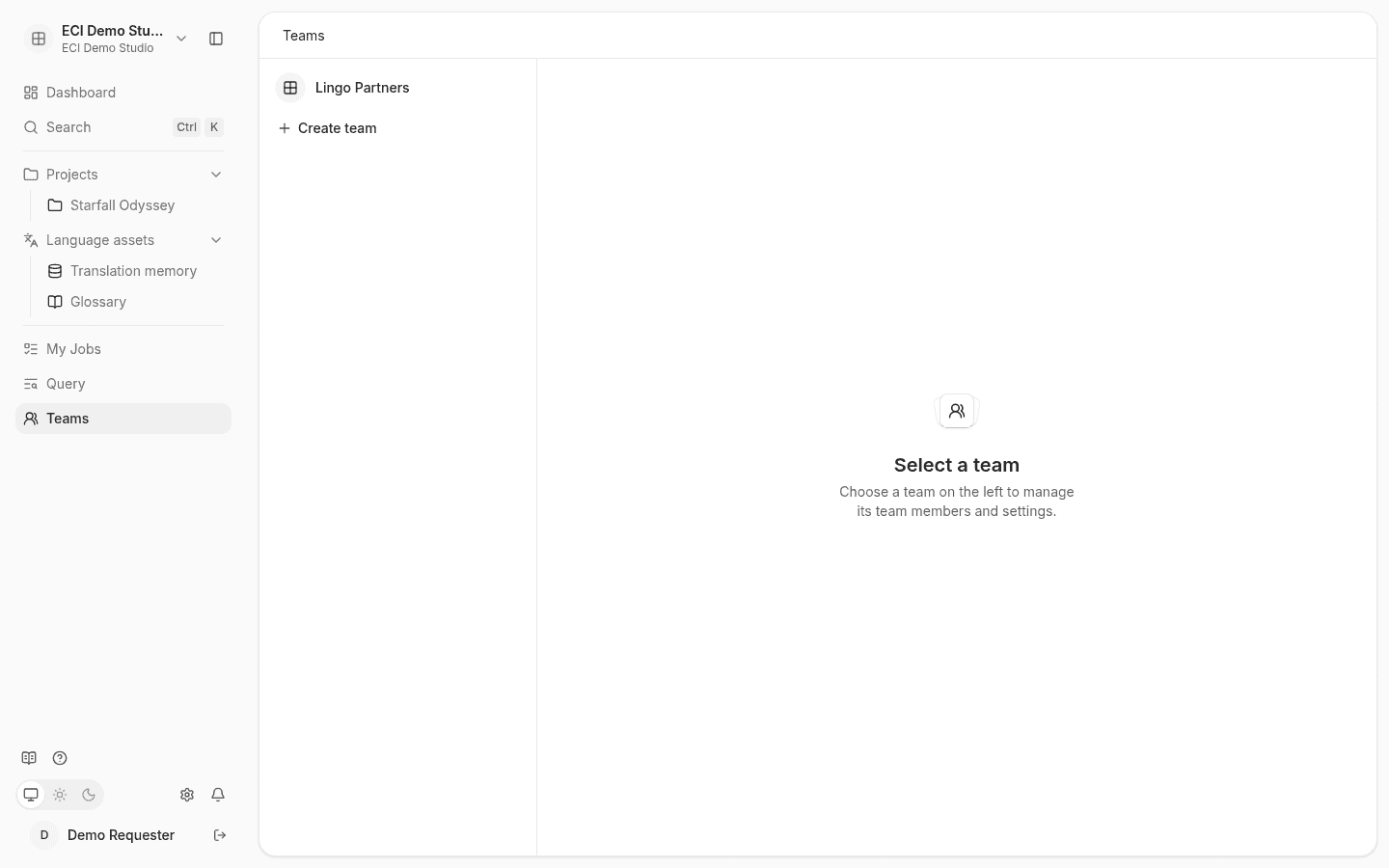 Teams page: teams list on the left, team members management on the right