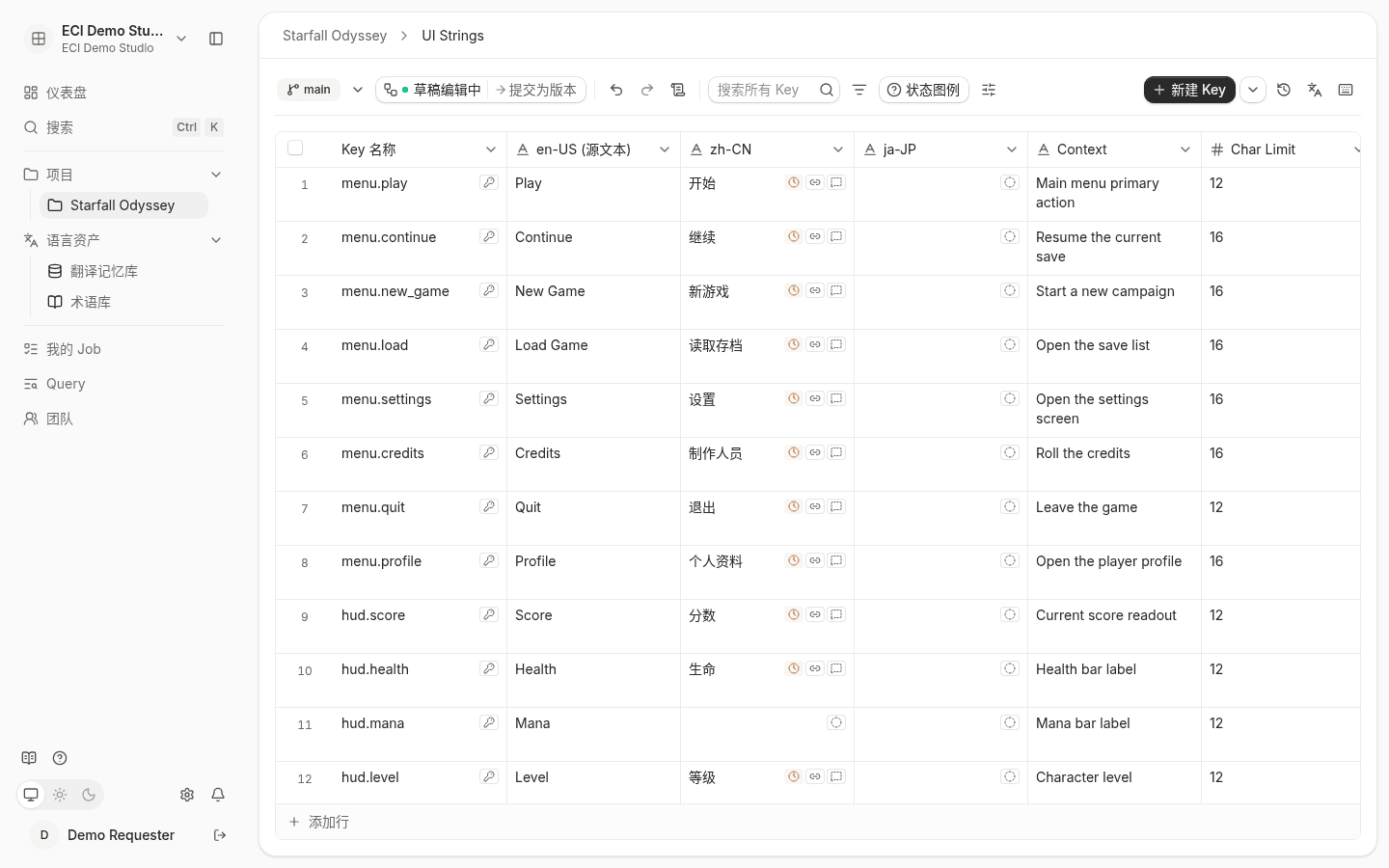 Kit 表格：Key、原文、各目标语种译文和上下文列，顶部有工作流与工具按钮